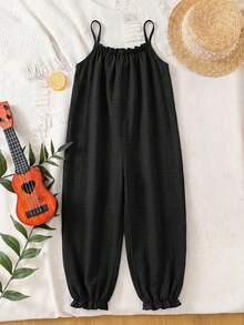 SHEIN Young Girl Casual Fashionable Spaghetti Strap Blue Jumpsuit - Black - View 2