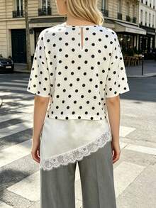 SHEIN PariChic White And Black Polka Dot Print Women's Blouse Lace Trim Asymmetrical Hem Loose Short Sleeve Shirt Brunch Tea Party Summer Casual Elegant - Black and White - View 2