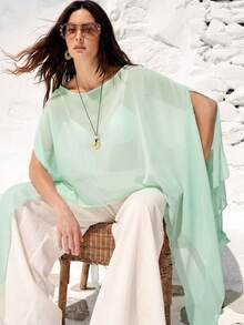 SHEIN Women's Solid Color Round Neck Asymmetric Design Loose Top For Vacation - Mint Green - View 1