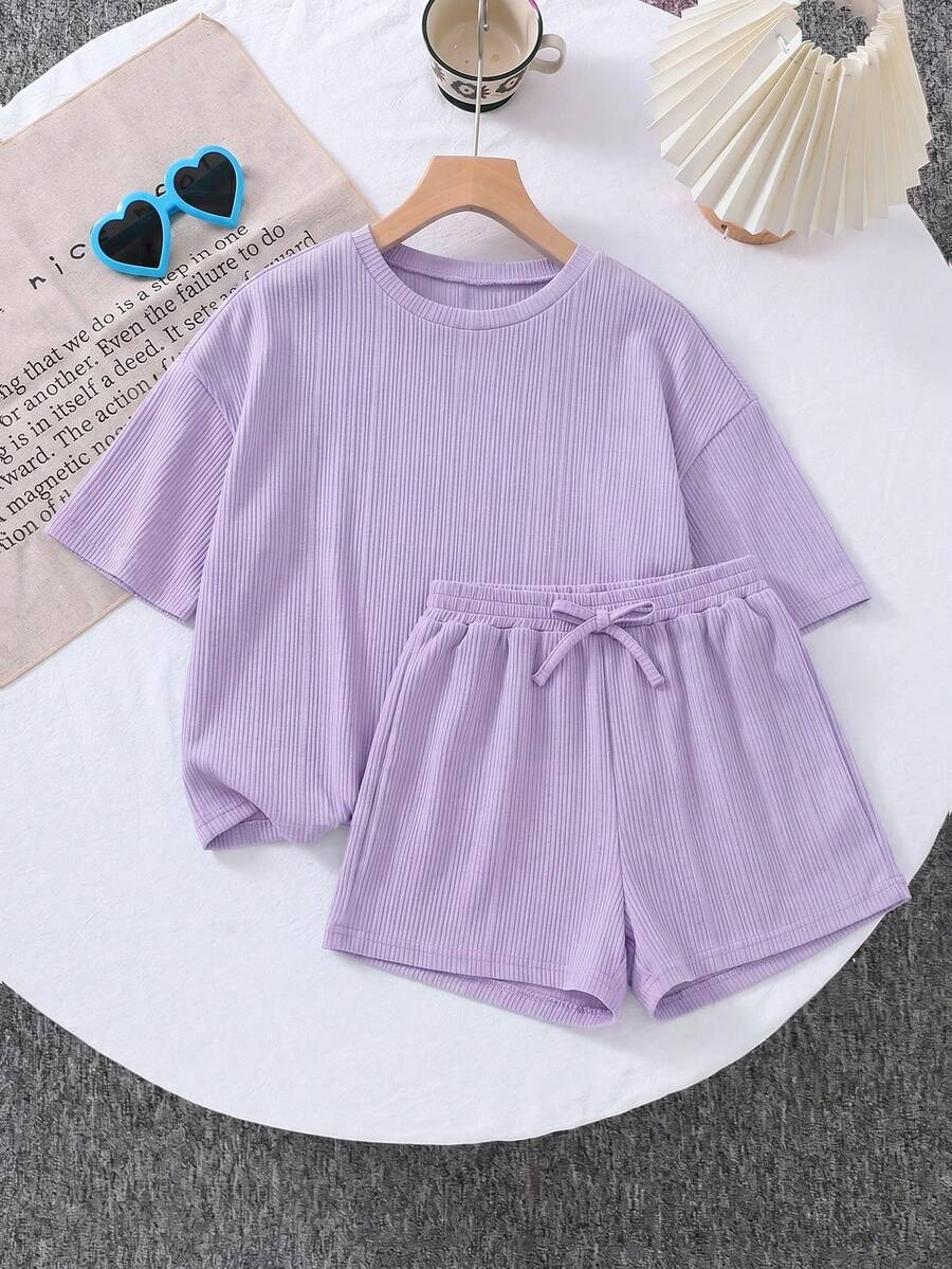 SHEIN LMoss Kids 两件套女童针织纯色圆领宽松T恤和修身短裤套装 - 紫色 - 查看 1