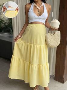 Momance Fresh Yellow Striped High Waist Maternity Midi Skirt, Vacation Style Woven Loose Fit Baby Shower Spring Casual Fall Beach Fall - Yellow - View 9