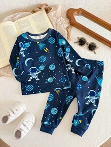 LMoss Kids Ensemble 2 pièces de vêtements de détente pour bébé garçon, t-shirt ajusté à col ras-du-cou avec motif astronaute mignon tricoté et pantalon long - Bleu azur - Voir 6