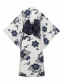 Irokai Kimono Yukata Dua Potong Tradisional Jepang untuk Wanita di Musim Panas dengan Motif Bunga (Sabuk Tidak Termasuk) - Putih - View 2