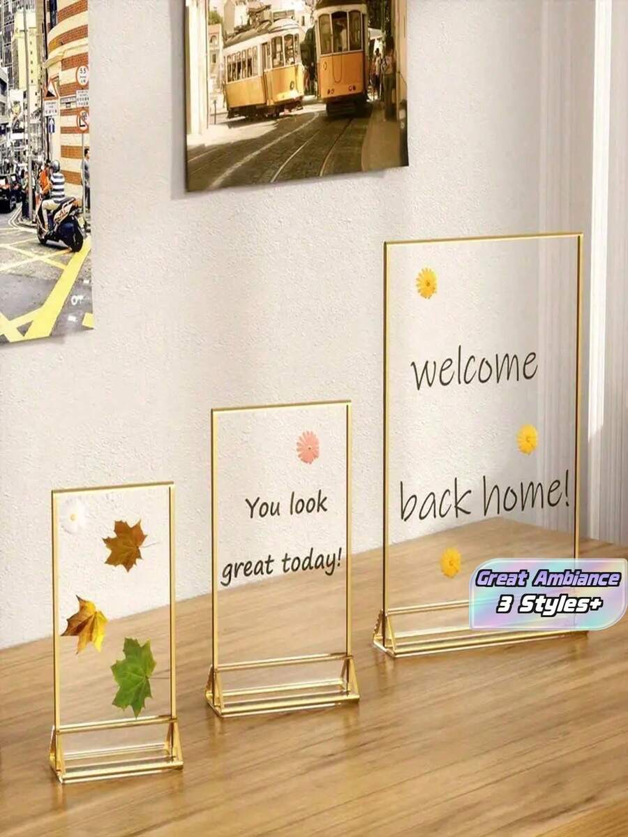 1pc Gold-Color Acrylic Transparent Table Card Holder. Gold-Plated Edge, Double-Sided Menu Display Stand. Acrylic Photo Frame, Applicable For: Wedding, Drinks, Restaurant, Banquet Seating Signs, Price Tag, Recipe Card Display In Stores. - multicolor - View 1