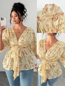 Elenzga Plus Size Women's Ditsy Floral Mesh V-Neck Tie Waist A-Line T-Shirt,Yellow Summer Boho Vacation Holiday Casual Short Sleeve Fashionable Versatile Top - Multicolor - View 8