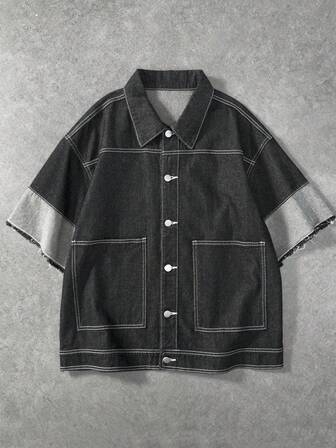 Camisa de mezclilla para hombre con costuras de contraste y patchwork, estilo streetwear