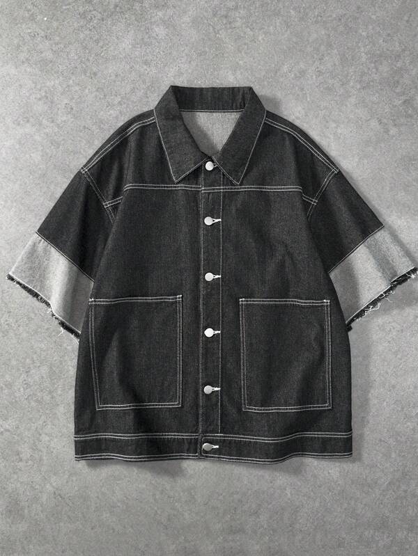 ROMWE MEN Men's Denim Contrast Stitch Patchwork Streetwear Shirt Top