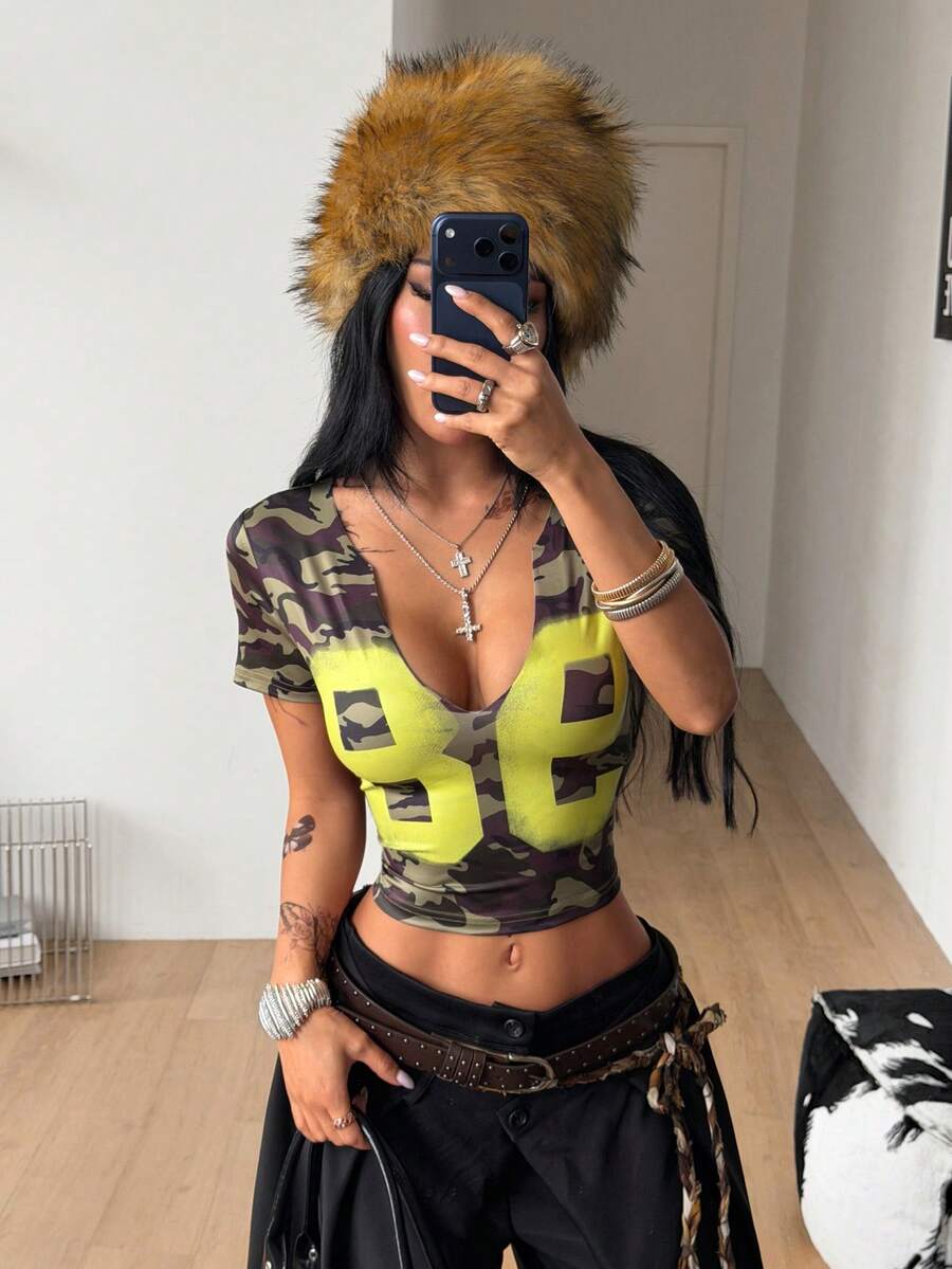 Coolane Yellow Camo Print Deep V Neck Crop Top, Number Graphic, Perfect For Streetwear Y2k Techno Party Club Night Rave Looks Summer