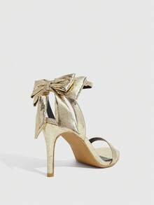 CUCCOO SZL Women's Spring/Summer New Metallic Glossy Bow Decor Thin Strap Design Round Toe Stiletto High Heel Fashion Eye-Catching Elegant Luxury Gold Shiny Sandals Open Back Shoes For Party Evening Date Summer Outfit - Gold - View 3