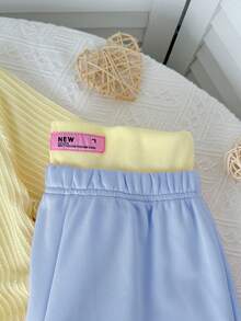 青少年女孩 2 件套休閒套裝，圓領抓皺針織提花條紋上衣搭配拼色 Y2K 藍黃腰帶直筒寬腿針織長褲，青少年女孩套裝 - 藍色 - 查看 5