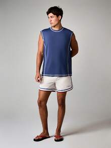SUMWON Active Lab Sleeveless Tank Top With Contrast Stitching Crew Neck Regular Fit Summer Essential - Blue - View 3