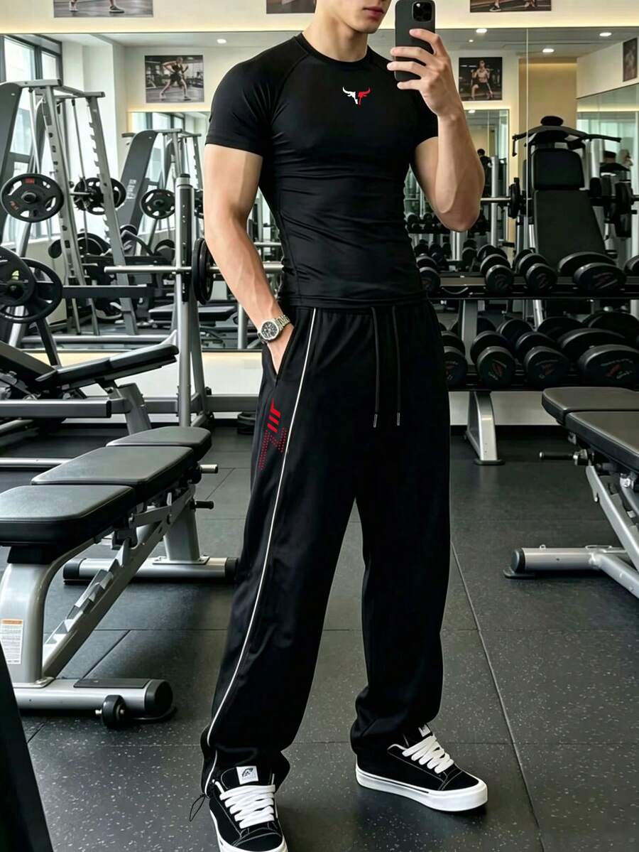 GymBeat 男士短袖T恤與長褲運動套裝 - 黑色 - 查看 1