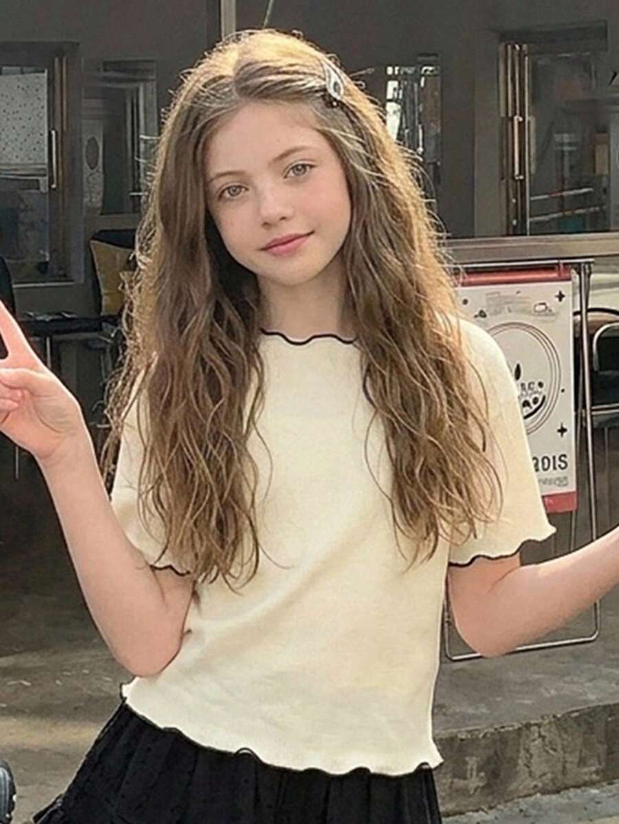 DAZY Minimalist Color Block Pullover T-Shirt Loose Short Sleeve Summer Tween Girls T-Shirt - Beige - View 1
