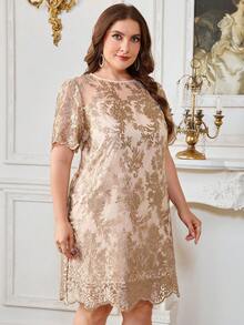 Reflora Plus Size Summer Elegant Embroidered Mesh Dress Formal Wedding Beige - Champagne - View 6