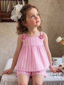 SHEIN Elladie kids 2件套女童条纹泡泡袖碎花装饰吊带背心和短裤套装，舒适透气的夏季服装 - 粉色 - 查看 5