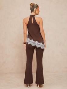 Lumalex Brown Chocolate Brown Halter Top Flare Pants Set High Neck Keyhole Back Asymmetric Lace Trim Hem Sleeveless Luxury Elegant Dinner Night Summer - Multicolor - View 5