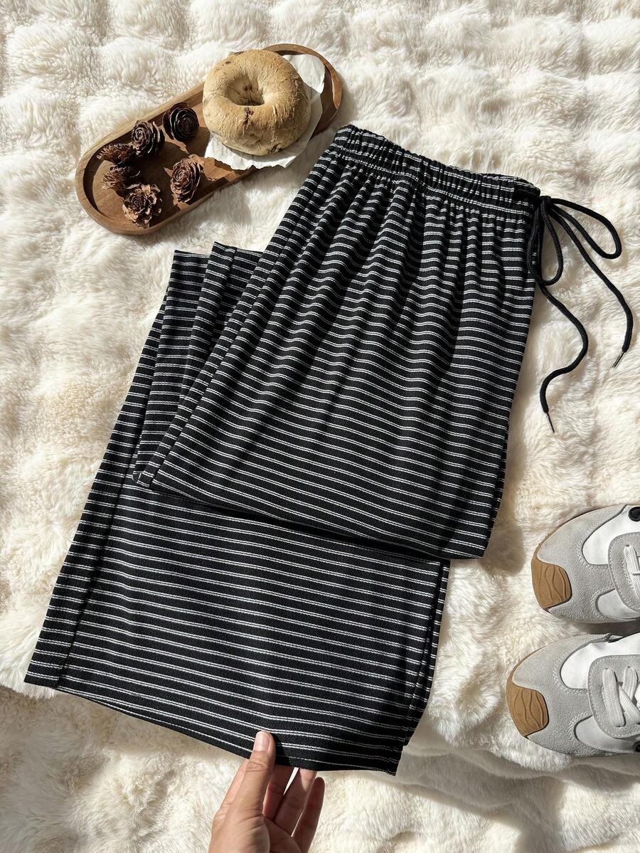 Comfortcana Autumn/Winter Black & White Striped Casual Versatile Drawstring Plus Size Pants - Black - View 1