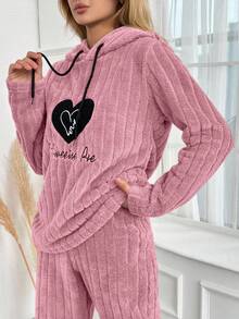 SHEIN Cottnline Women's Letter & Heart Embroidery Long Sleeve Drawstring Hooded Fleece Sleepwear Top - Pink - View 3