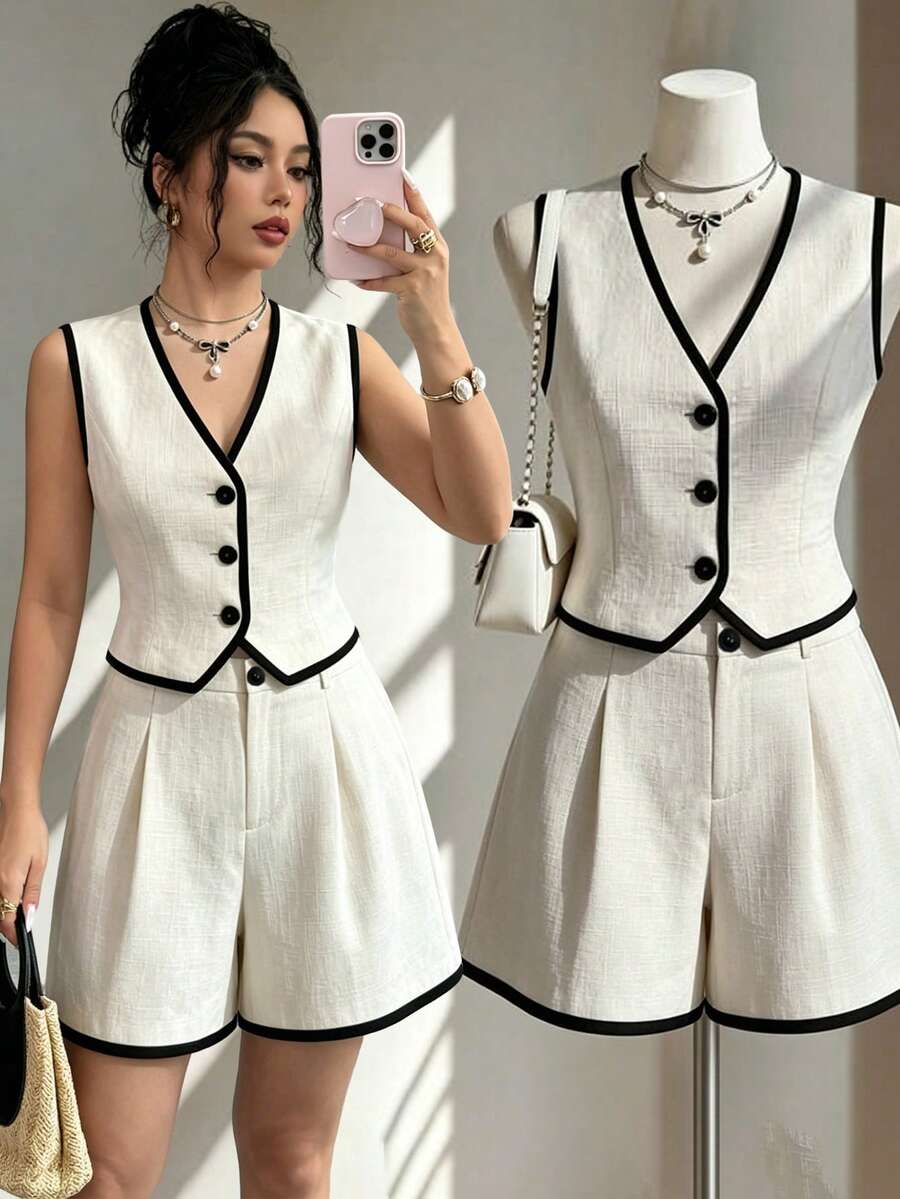 SHEIN Clasi 2026 Spring/Summer Women's Black And White Colorblock Sleeveless Blazer Vest + Wide Leg Shorts Suit Set Teachers' Day Brunch Business Casual - Apricot - View 1