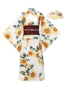 Irokai 和風伝統着物 夏祭り ひまわり花柄 レディース 夏用 改良 2点セット 浴衣 - マルチカラー - チェックする 3