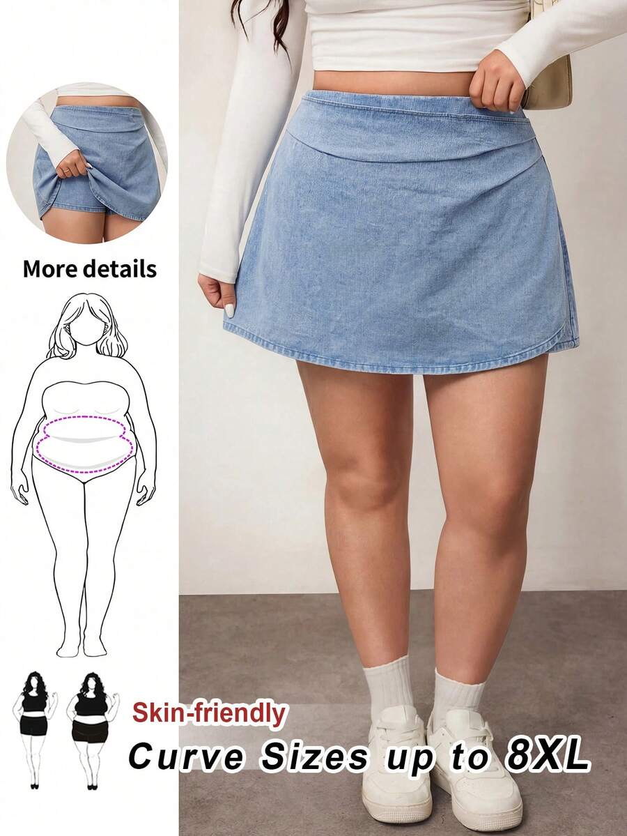 SHEIN CURVE+ CURVE+ 大尺碼女款抓褶牛仔迷你裙，休閒日常與夏季通勤辦公裙 - 淺色水洗藍 - 查看 1