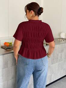 Firerie Plus Size Women Solid Color Pleated Short Sleeve Single-Breasted Shirt Formal Office Burgundy Summer Elegant - Burgundy - View 4