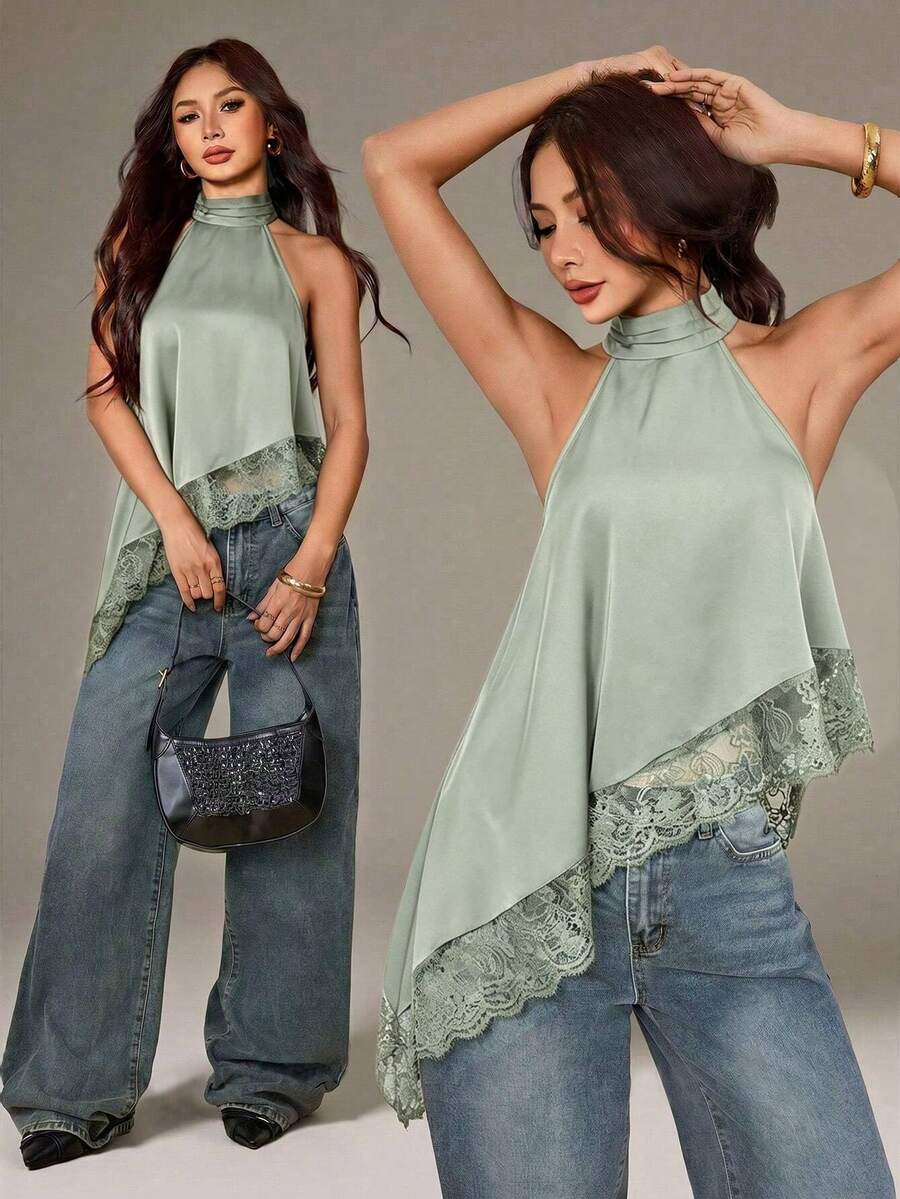 SHEIN PETITE 不對稱高領露背蕾絲飾邊細肩帶上衣,優雅無袖上衣,適合晚宴、雞尾酒會、正式場合、度假、夜生活、婚禮賓客,夏秋穿著,露肩風格 - 軍綠色 - 查看 1