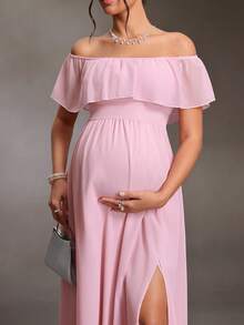 Cheriluna Maternity 優雅露肩荷葉袖側開衩A字雪紡孕婦洋裝 - 粉色 - 查看 7