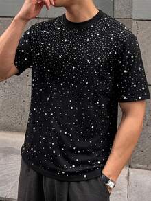 DAZY Black Rhinestone Embellished Loose Short Sleeve Men's T-Shirt Summer - Black - View 5
