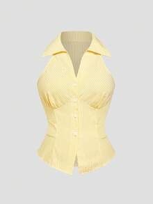 Sweetra Camicia estiva corta da donna senza maniche a righe con vita stretta - Giallo - Visualizzare 1