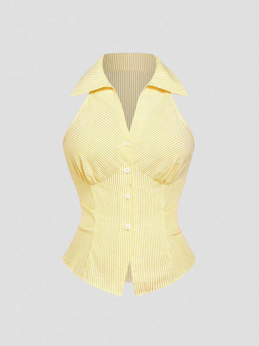 Sweetra Camicia estiva corta da donna senza maniche a righe con vita stretta - Giallo - Visualizzare 1