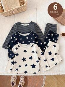 LMoss Kids Baby Boy Knitted Striped Star Pattern Crew Neck T-Shirt And Long Winter Pants 6pcs -Piece Set - Blue and White - View 1