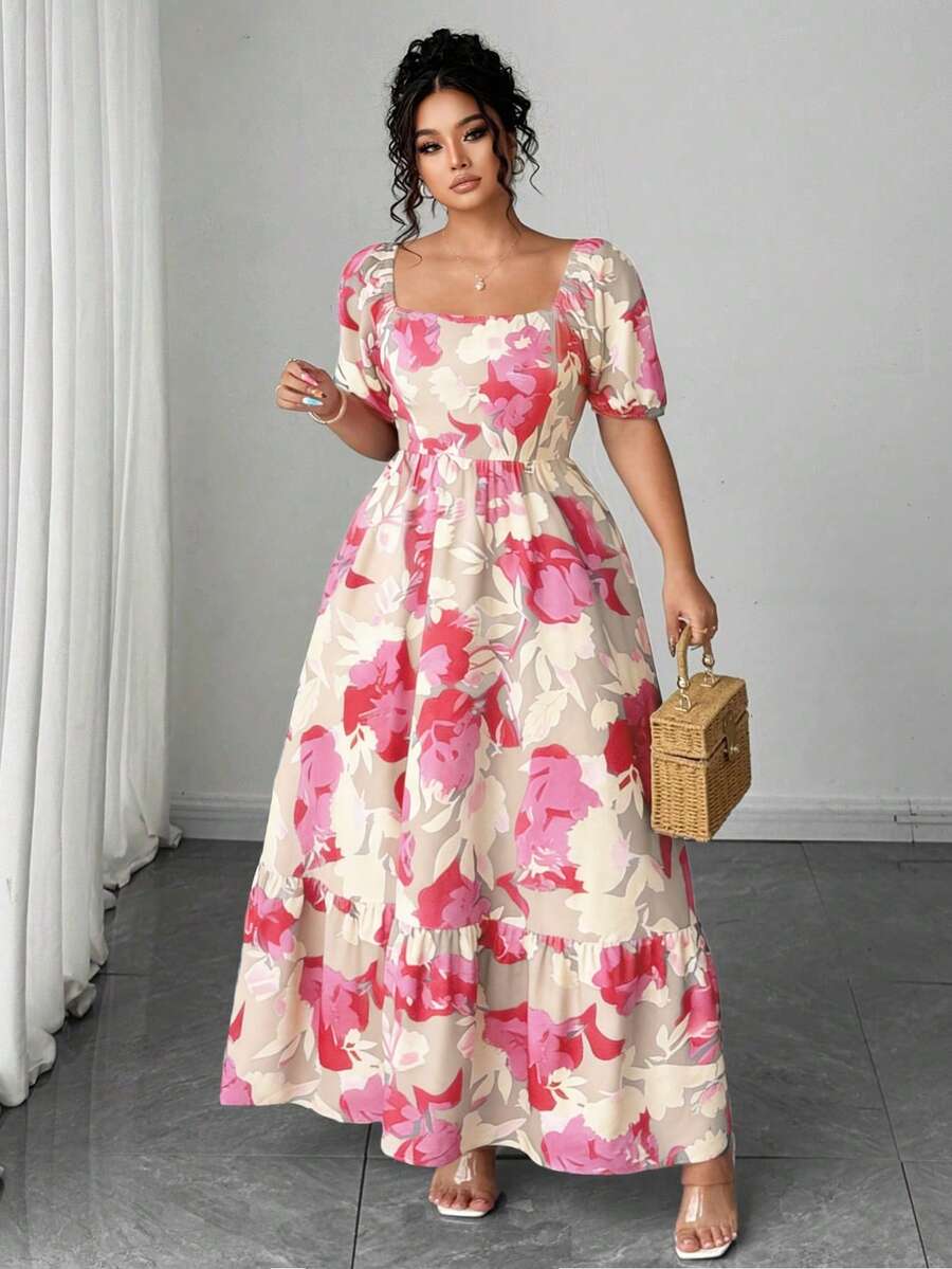 SHEIN Clasi فستان ميدي للنساء بمقاسات كبيرة، جديد للصيف بطبعة زهور عتيقة، أسلوب أوروبي وأمريكي عصري للشاطئ والعطلات، فستان أنيق بأسلوب حفلة الشاي الفرنسية، سحر أنثوي، ياقة مربعة، خصر مشدود، تنورة كاملة - وردي - مشاهدة 1