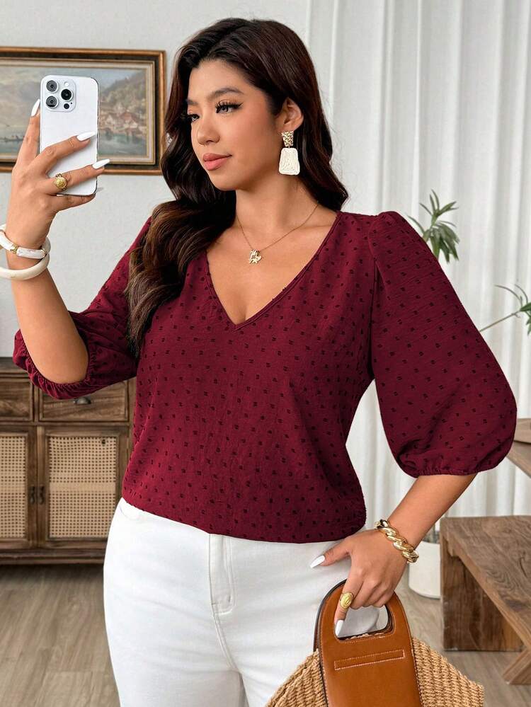 Weeklong Women's Plus Size V-Neck Mid-Length Sleeve Pom Pom Comfortable Fabric Casual Daily Travel Vacation Blouse Fall - Burgundy - View 4
