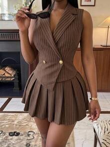 SHEIN SXY 夏季棕色條紋修身套裝 - 無袖不對稱下擺剪裁背心迷你百褶裙 2件組 商務休閒 女士教師節 - 棕色 - 查看 1