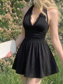SHEIN MOD 女款夏季性感純色露背掛脖迷你洋裝 - 黑色 - 查看 2