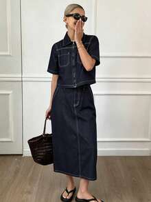 Livesso Damen Kurzarm Top & Denim Rock Set - Königsblau - Übersicht 1