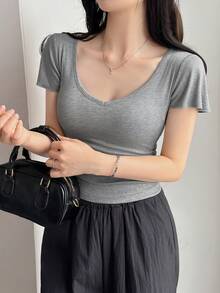 DAZY Women's Solid Color V-Neck Short Sleeve Slim Fit Casual T-Shirt Summer - Grey - View 4