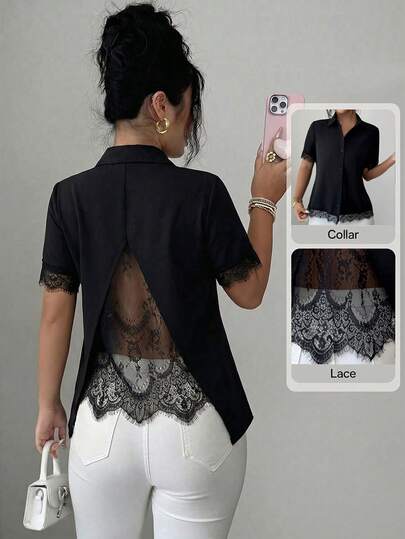 Elenzga Women's Summer A-Line Lace Patchwork Casual Shirt, Romantic French Style, Suitable For Office And Daily Wear; Women's Summer Cute Top, Women's Lace Shirt, Women's Casual Modern Top, New Lace Top, Elegant Commute Top, Black Shirt, Sexy Back Hollow Out Patchwork Lace