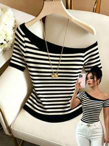 Elenzga Women's Summer Casual Striped Asymmetric Collar T-Shirt - Multicolor - View 1