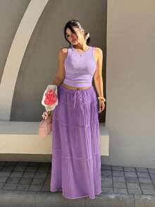 SHEIN EZwear 淺紫色無袖背心上衣與裙子 2 件套大尺碼 - 淡紫色 - 查看 4