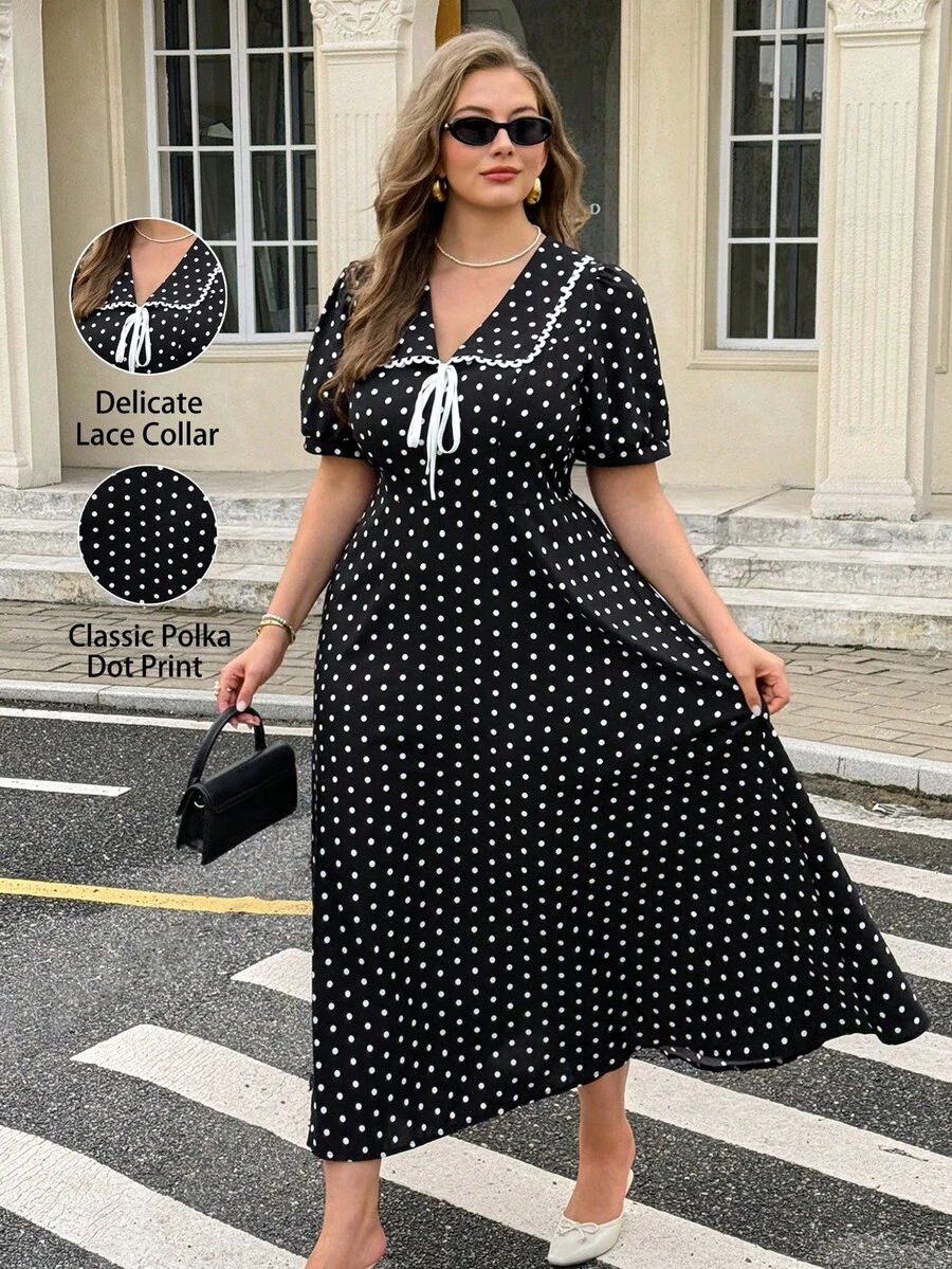 Easura Plus Size Women's Summer Elegant Casual Design Black And White Lace Patchwork Lapel Short Sleeve Bow Tie Waist Cinched Long Dress Tea Party Evening