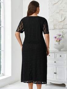 Miaspire Plus Size Women's Summer Elegant Casual Lace Blouse And Skirt 2-Piece Set, Black - Black - View 2