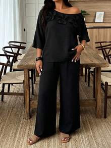 Weeklong Plus Size Women 3D Floral Decor Asymmetric Neck Top And Casual Pants Vacation Set, Spring/Summer Fall - Black - View 7