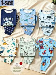 2pcs/Set Young Boy Knit Round Neck Short Sleeve Long Pants Blue Cute Funny Cartoon Pattern Simple Casual Comfortable Soft Snug Fit Loungewear Summer - Blue - View 7