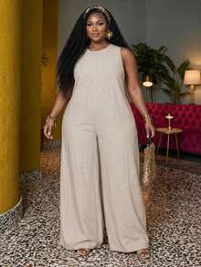 Veslaya Plus Size Women's Solid Color Round Neck Casual Daily Wear Jumpsuit Wide Leg Pants - Khaki - View 8