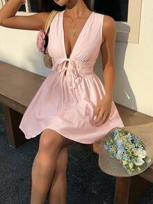SHEIN EZwear 粉色深V領收腰梭織無袖條紋女款迷你洋裝 - 粉色 - 查看 4