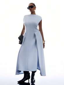 LYSMO Vestido minimalista de talla grande con cuello, sin mangas, unicolor, con pliegues y bajo asimétrico - Azul - Ver 6