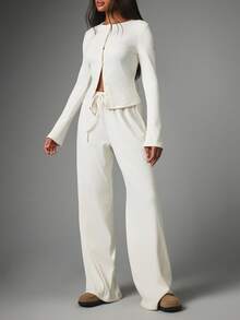 MISSGUIDED Ribbed Knit Co-Ord Set Long Sleeve Button-Up Cardigan Top And Wide Leg Drawstring Casual Pants Two-Piece Outfit - Apricot - View 2