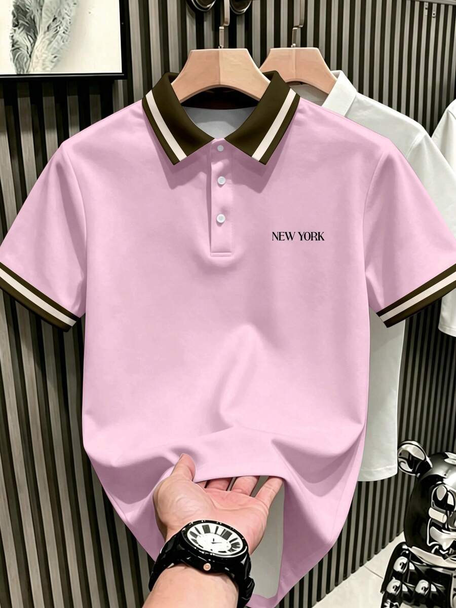 Manfinity Hypemode 男士新款粉色與棕色對比領 Polo 衫,NEW YORK 字母刺繡,休閒商務休閒 T 恤,開學季畢業季夏季款 - 彩色 - 查看 1